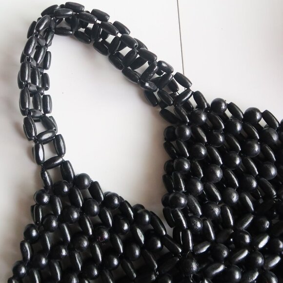 Handmade Black Wooden Beaded Tote Shoulder Bag Vintage Boho - Picture 7 of 10